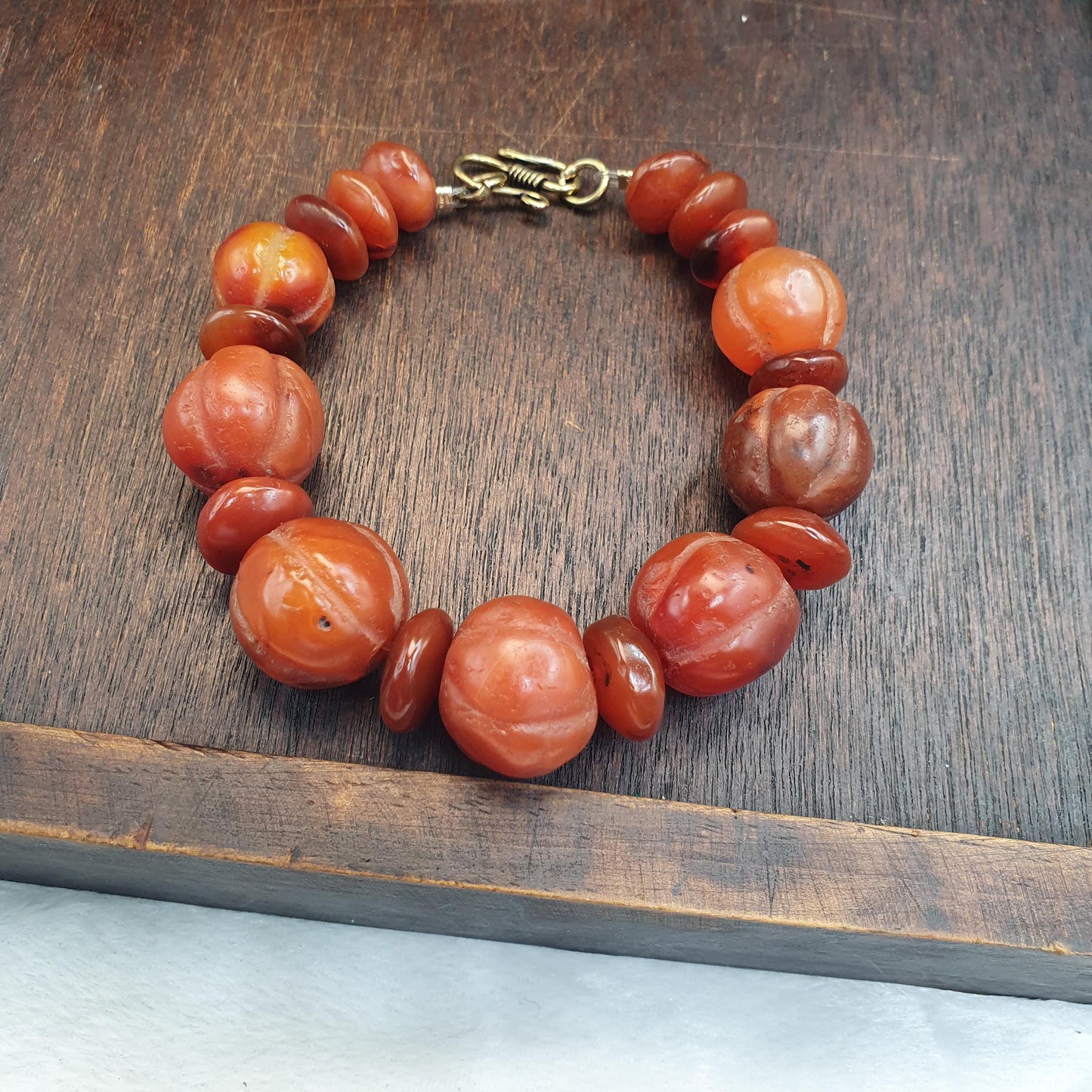 Ancient Carved Melon Agate Bead Bracelet, Hand Carved Fluted Carnelian, Antique Silk Road Trade Beads, Rare Archeological Focal Gift