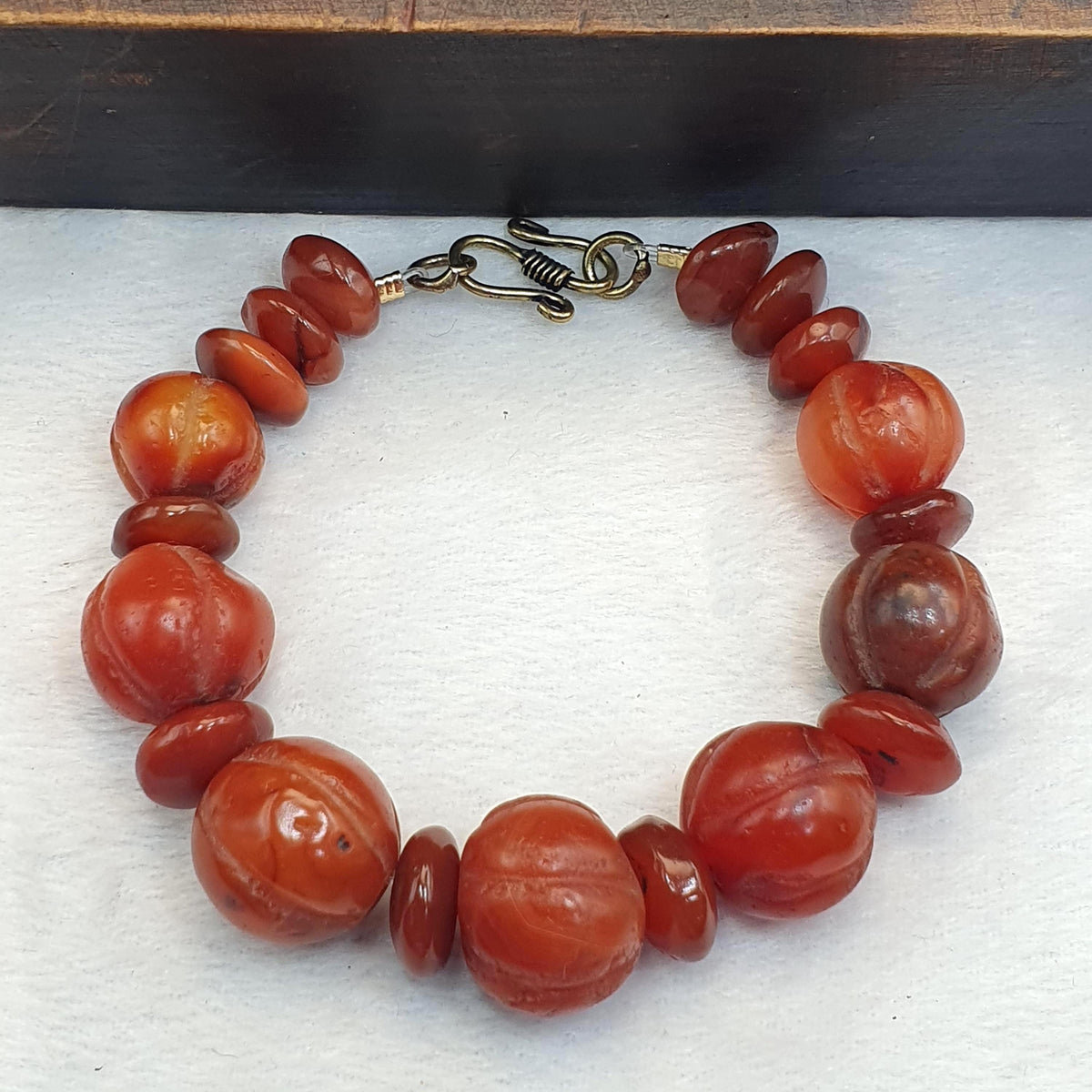 Ancient Carved Melon Agate Bead Bracelet, Hand Carved Fluted Carnelian, Antique Silk Road Trade Beads, Rare Archeological Focal Gift