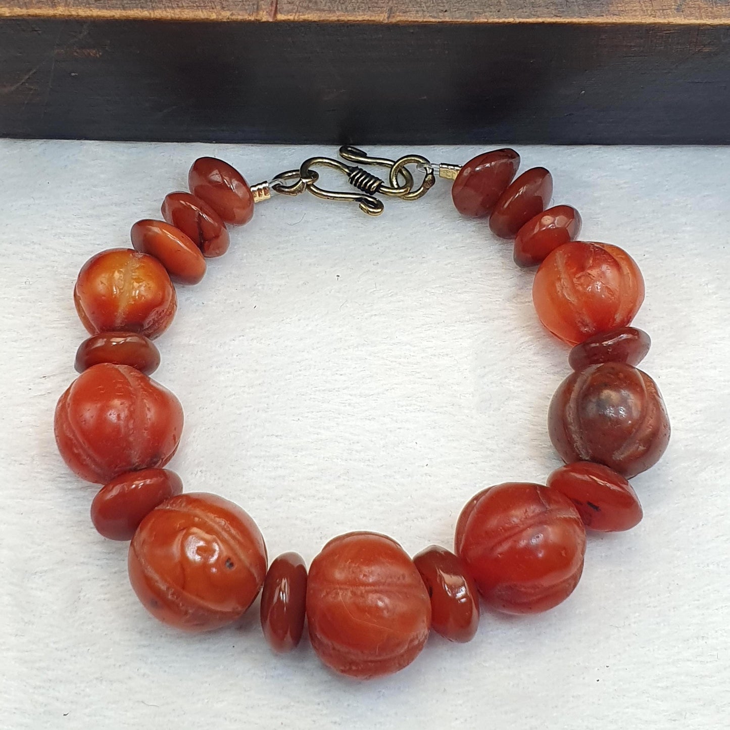 Ancient Carved Melon Agate Bead Bracelet, Hand Carved Fluted Carnelian, Antique Silk Road Trade Beads, Rare Archeological Focal Gift
