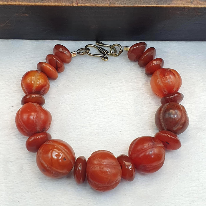 Ancient Carved Melon Agate Bead Bracelet, Hand Carved Fluted Carnelian, Antique Silk Road Trade Beads, Rare Archeological Focal Gift