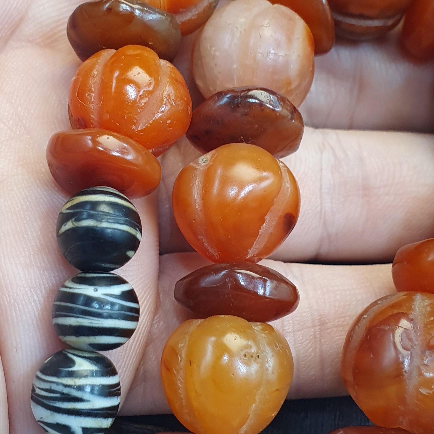 Antique Carved Melon Carnelian Agate Necklace, Old Striped Agate Focal Beads Strand, Pumpkin Shape Amulet, Rare Ethnographic Jewelry