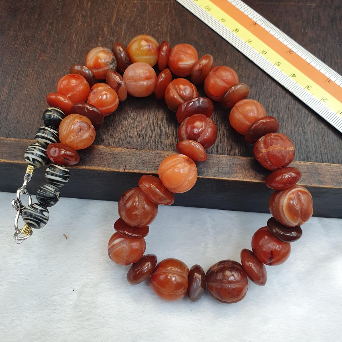 Antique Carved Melon Carnelian Agate Necklace, Old Striped Agate Focal Beads Strand, Pumpkin Shape Amulet, Rare Ethnographic Jewelry