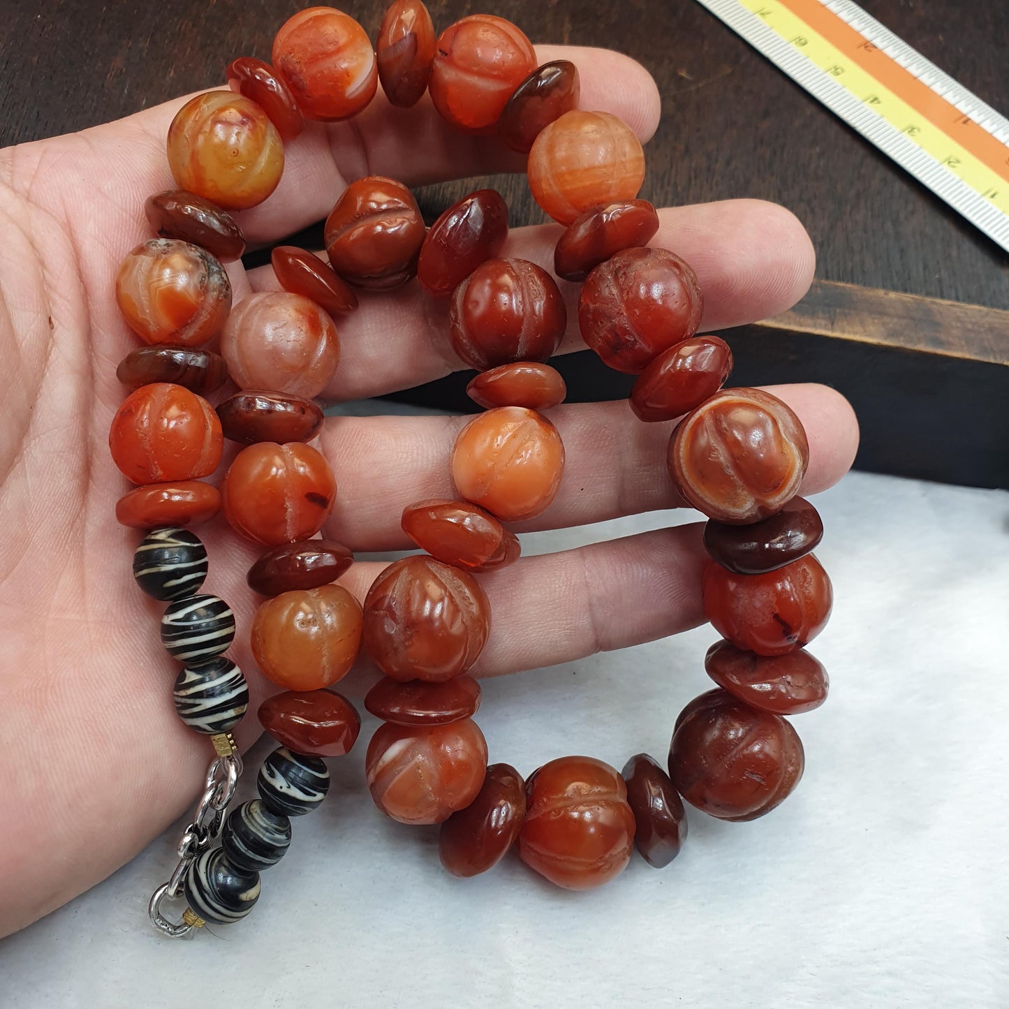 Antique Carved Melon Carnelian Agate Necklace, Old Striped Agate Focal Beads Strand, Pumpkin Shape Amulet, Rare Ethnographic Jewelry