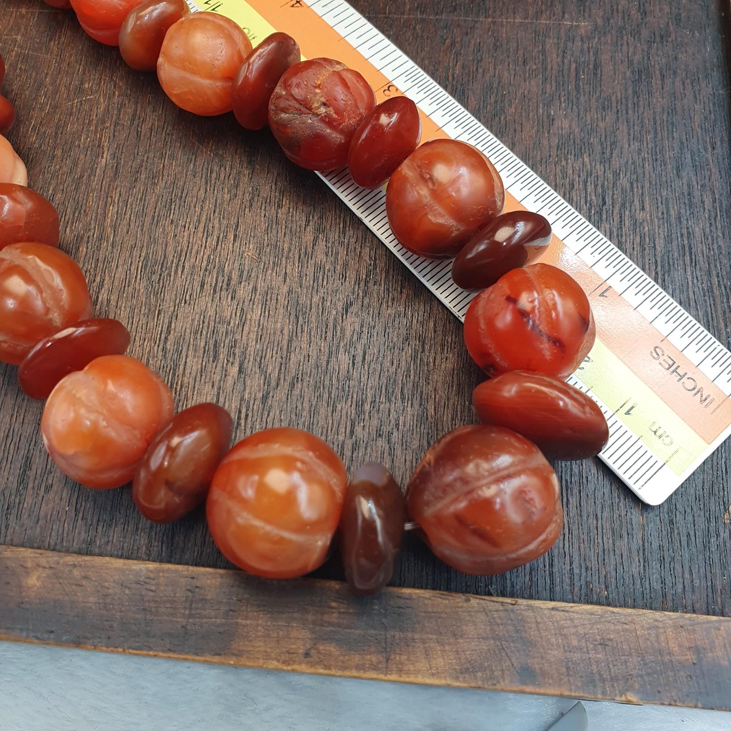 Antique Carved Melon Carnelian Agate Necklace, Old Striped Agate Focal Beads Strand, Pumpkin Shape Amulet, Rare Ethnographic Jewelry