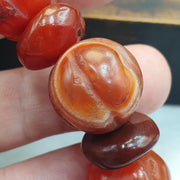 Antique Carved Melon Carnelian Agate Necklace, Old Striped Agate Focal Beads Strand, Pumpkin Shape Amulet, Rare Ethnographic Jewelry