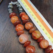 Antique Carved Melon Carnelian Agate Necklace, Old Striped Agate Focal Beads Strand, Pumpkin Shape Amulet, Rare Ethnographic Jewelry