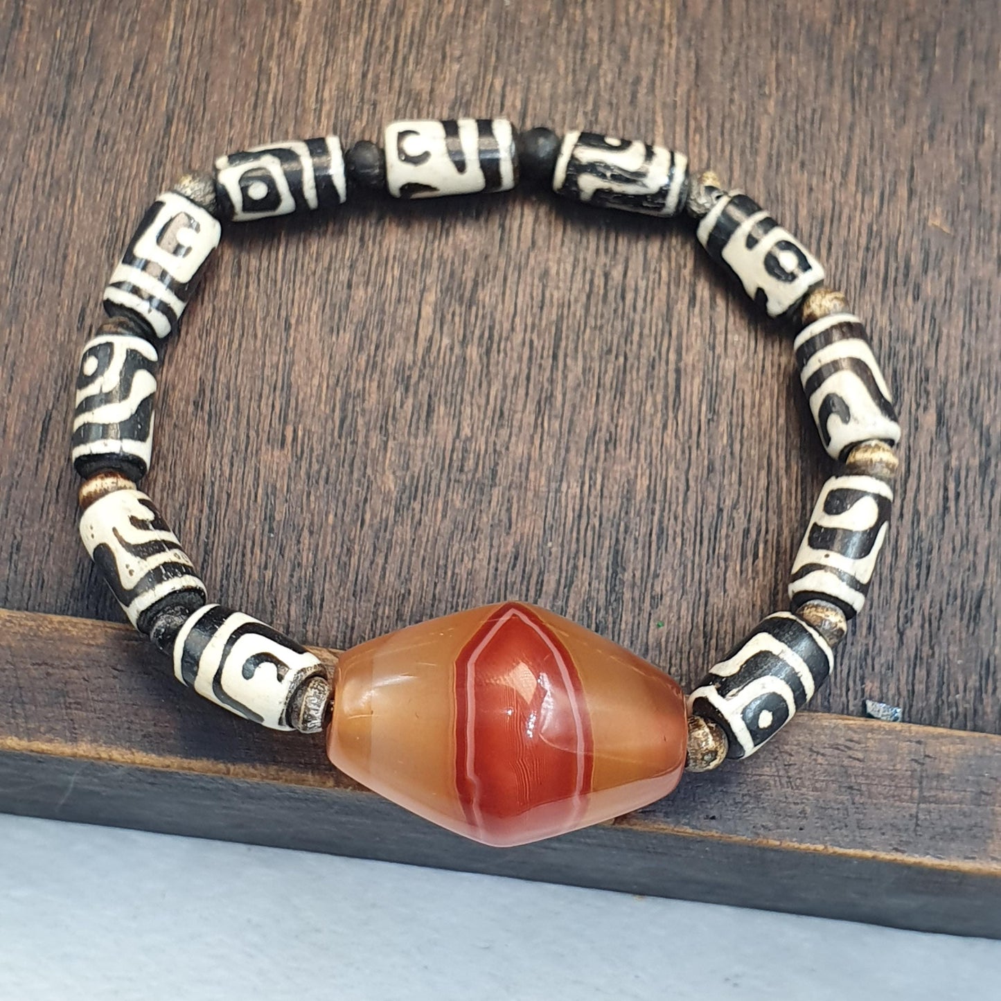 Himalaya goat eye agate stone bead With Dzi Eyes Pattern yak bone beads bracelet