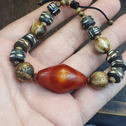 Old Himalayan Agate, Tibetan Carved Bone Bracelet | Unique Eyes Pattern, Vintage Ethnic Boho, Single Strand