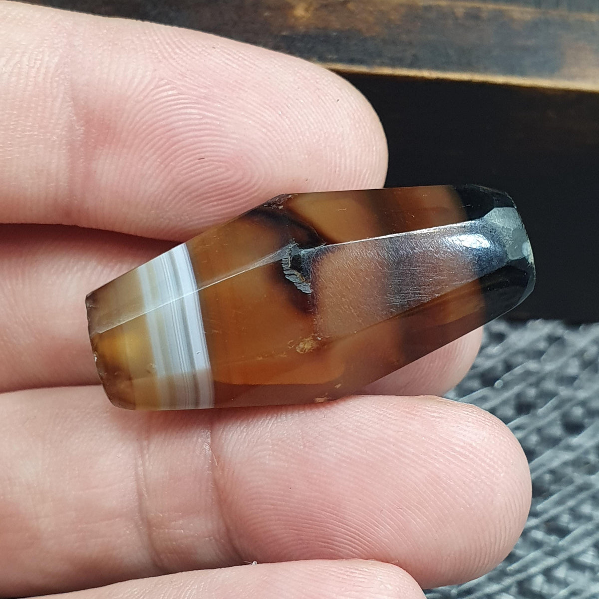 Rare 36.8mm Tabular Hexagonal Banded Agate Chung Dzi Bead, Antique Yemeni Stone, Silk Banded Patterned Tribal Bead