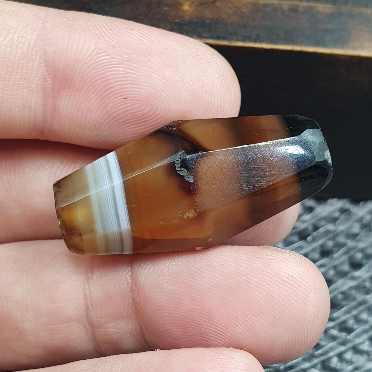 Rare 36.8mm Tabular Hexagonal Banded Agate Chung Dzi Bead, Antique Yemeni Stone, Silk Banded Patterned Tribal Bead
