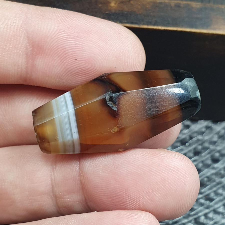 Rare 36.8mm Tabular Hexagonal Banded Agate Chung Dzi Bead, Antique Yemeni Stone, Silk Banded Patterned Tribal Bead
