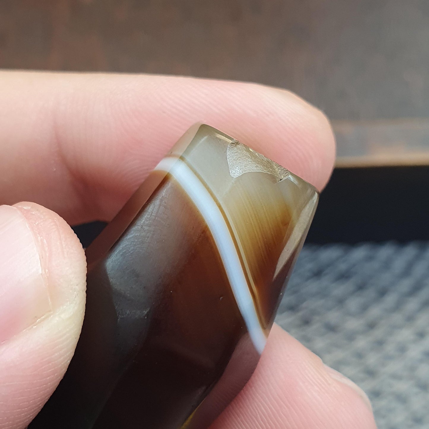 Rare 37.2mm Tabular Hexagonal Banded Agate Chung Dzi Bead, Antique African Yemeni Stone, Eye Catching Silk Banded Tribal Bead