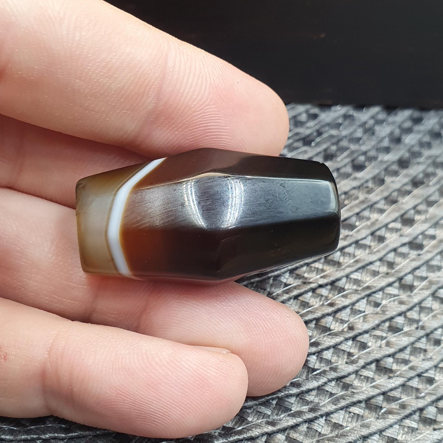 Rare 37.2mm Tabular Hexagonal Banded Agate Chung Dzi Bead, Antique African Yemeni Stone, Eye Catching Silk Banded Tribal Bead
