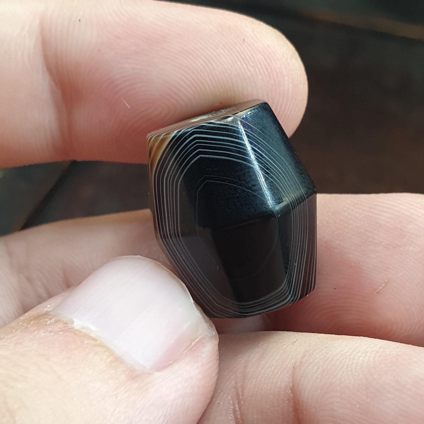 Rare 20mm Chubby Hexagonal Banded Agate Chung Dzi Bead, Antique Himalayan Agate, Fine Line Zebra Striped Pattern Bead