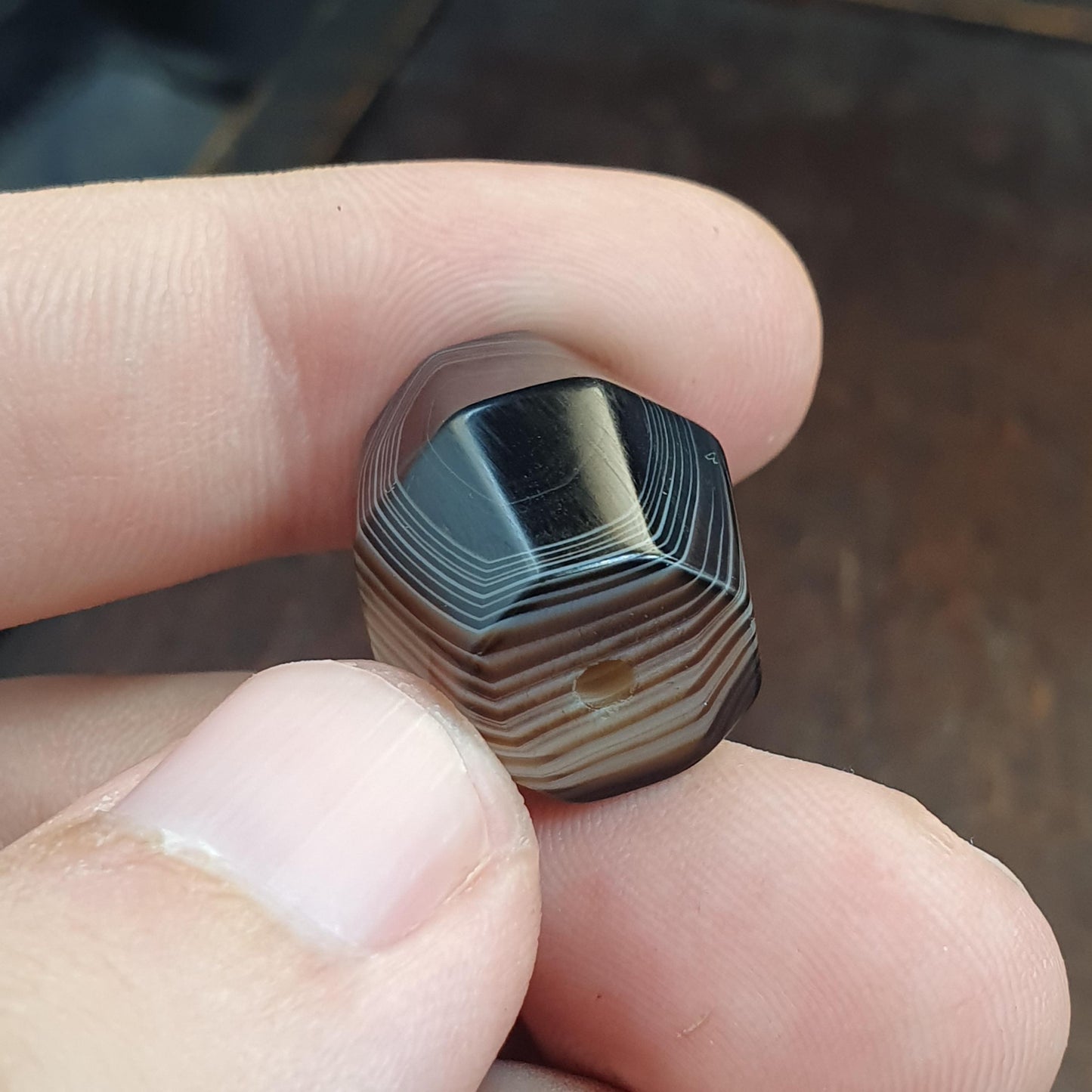 Rare 20mm Chubby Hexagonal Banded Agate Chung Dzi Bead, Antique Himalayan Agate, Fine Line Zebra Striped Pattern Bead