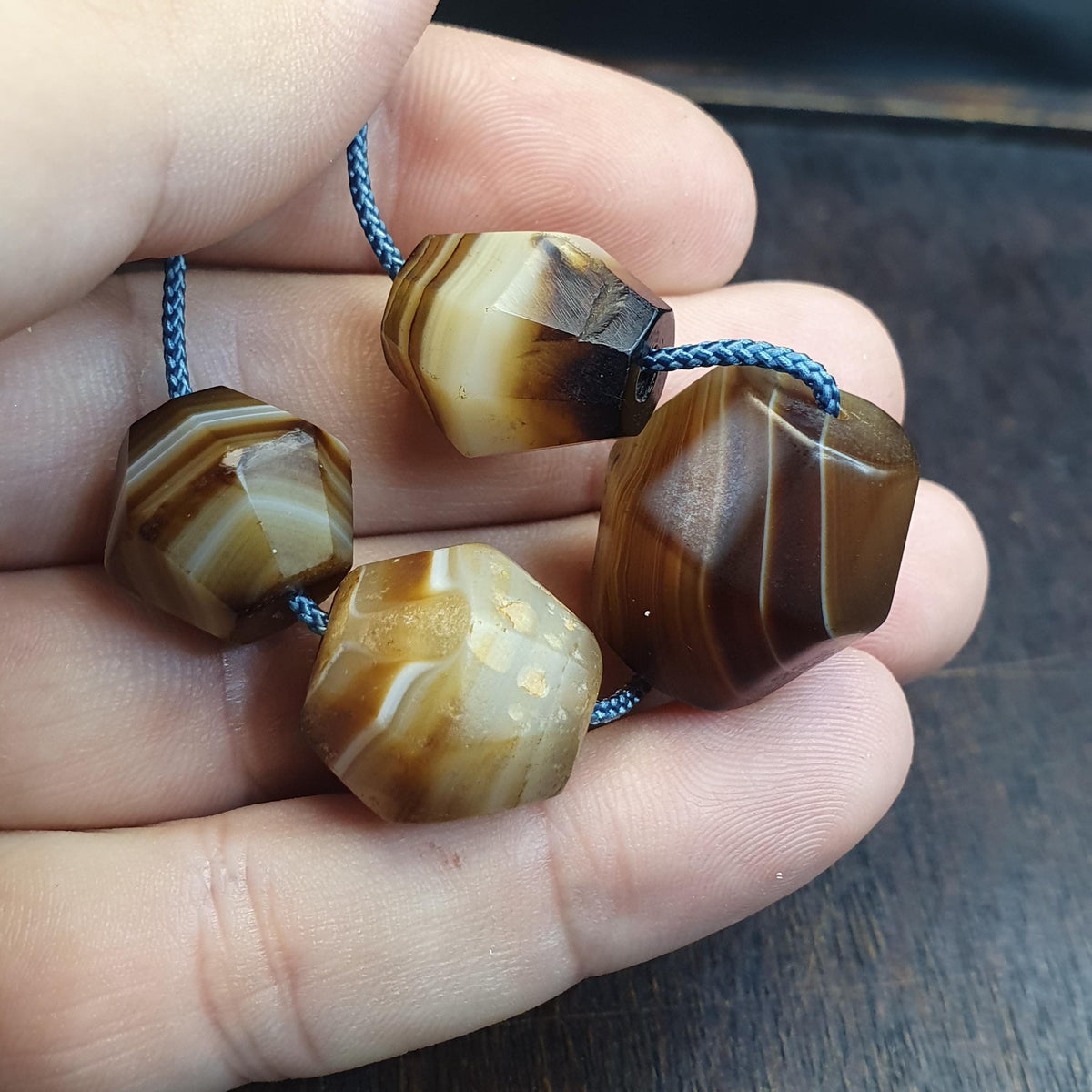 Rare Set of 4 Antique Yemeni Suleimani Agate Beads, Historical African Trade Chalcedony, Faceted Hexagonal Bicone Statement Heirloom Beads