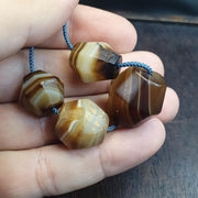 Rare Set of 4 Antique Yemeni Suleimani Agate Beads, Historical African Trade Chalcedony, Faceted Hexagonal Bicone Statement Heirloom Beads