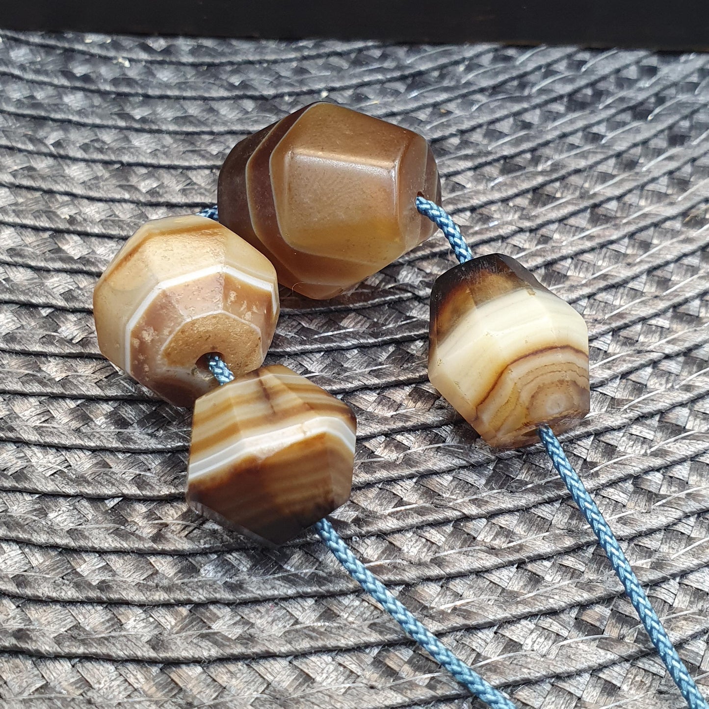 Rare Set of 4 Antique Yemeni Suleimani Agate Beads, Historical African Trade Chalcedony, Faceted Hexagonal Bicone Statement Heirloom Beads