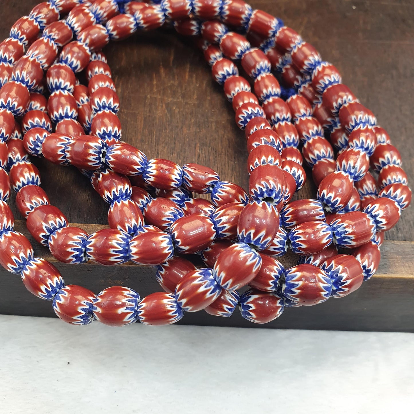 Vintage venetian style Maroon, blue chevron 9.5mm beads 24" long strand