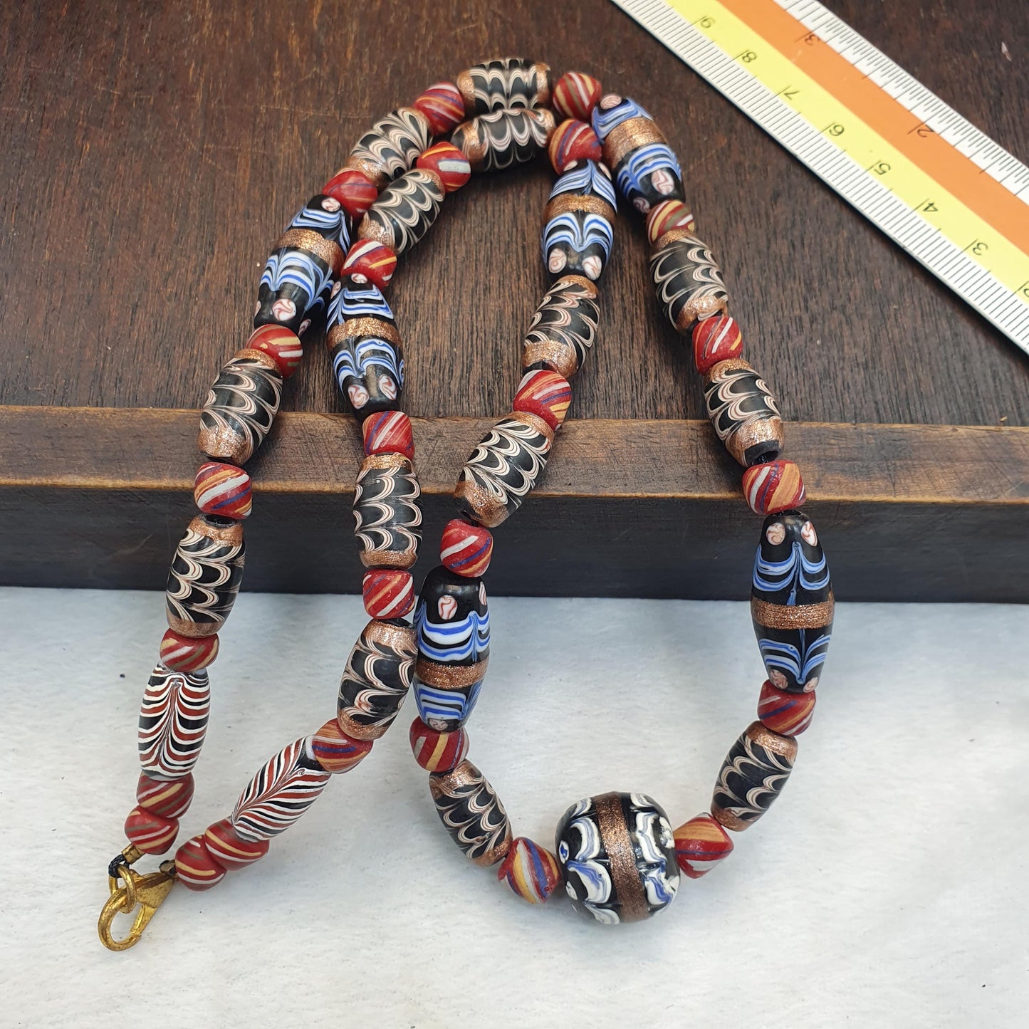 Vintage Feather pattern Glass Bead Necklace: 22 Inch Strand