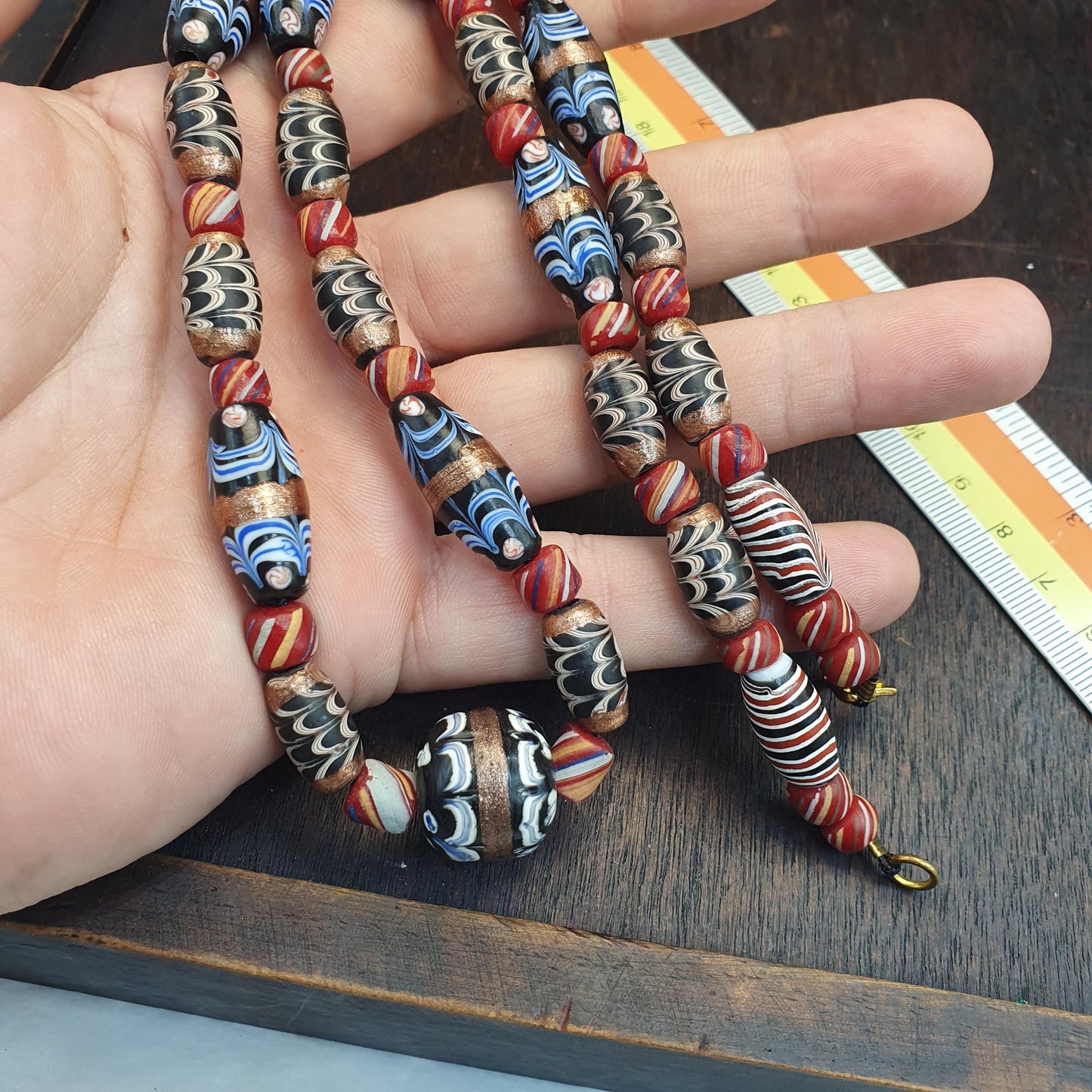 Vintage Feather pattern Glass Bead Necklace: 22 Inch Strand