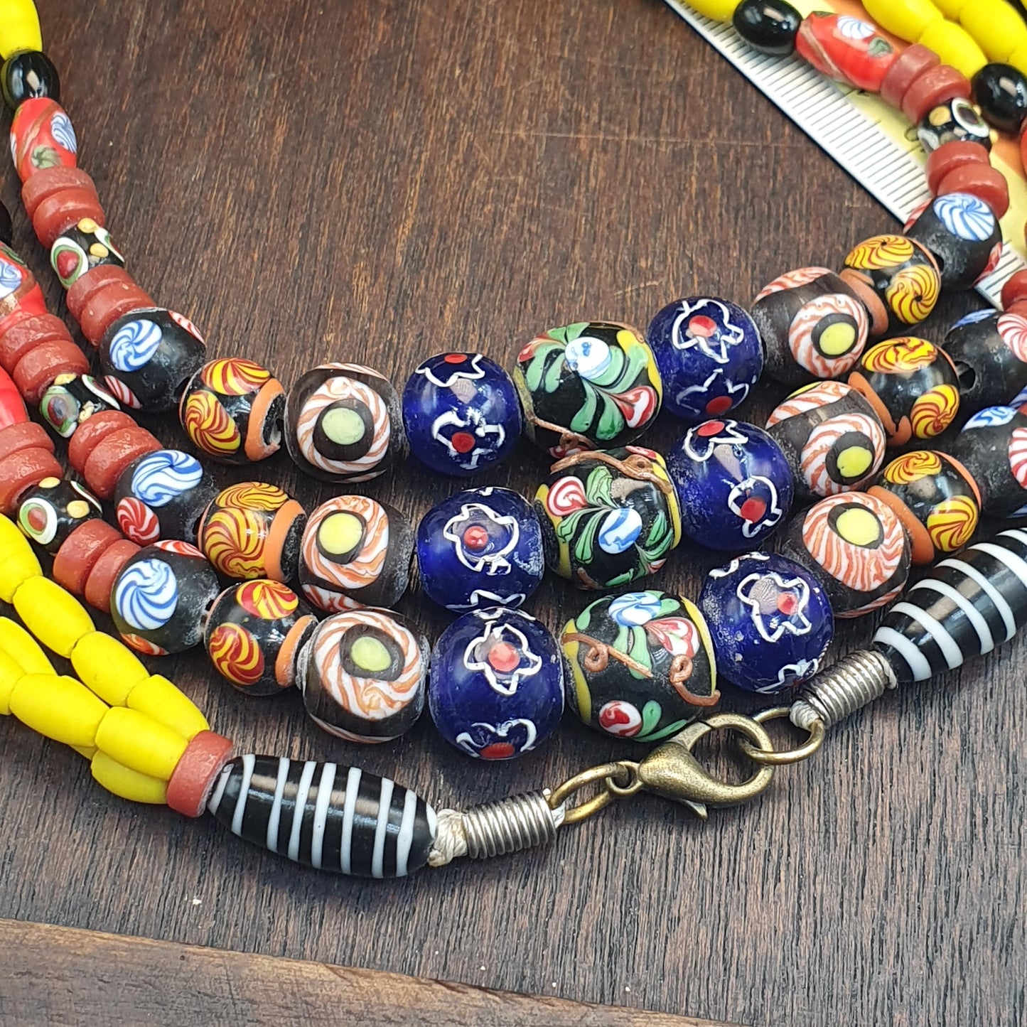 3 Strand Yellow & Blue Millefiori Art Glass Necklace • Vintage Venetian Style Mosaic Bead Boho Jewelry Gift