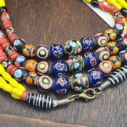 3 Strand Yellow & Blue Millefiori Art Glass Necklace • Vintage Venetian Style Mosaic Bead Boho Jewelry .