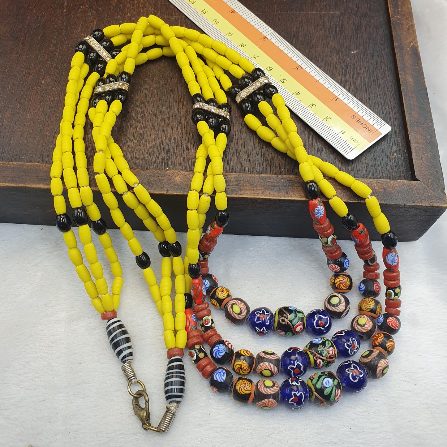 3 Strand Yellow & Blue Millefiori Art Glass Necklace • Vintage Venetian Style Mosaic Bead Boho Jewelry Gift