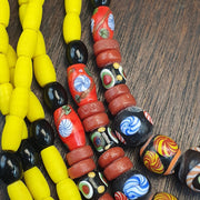 3 Strand Yellow & Blue Millefiori Art Glass Necklace • Vintage Venetian Style Mosaic Bead Boho Jewelry .