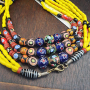 3 Strand Yellow & Blue Millefiori Art Glass Necklace • Vintage Venetian Style Mosaic Bead Boho Jewelry .