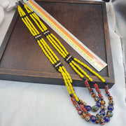 3 Strand Yellow & Blue Millefiori Art Glass Necklace • Vintage Venetian Style Mosaic Bead Boho Jewelry .