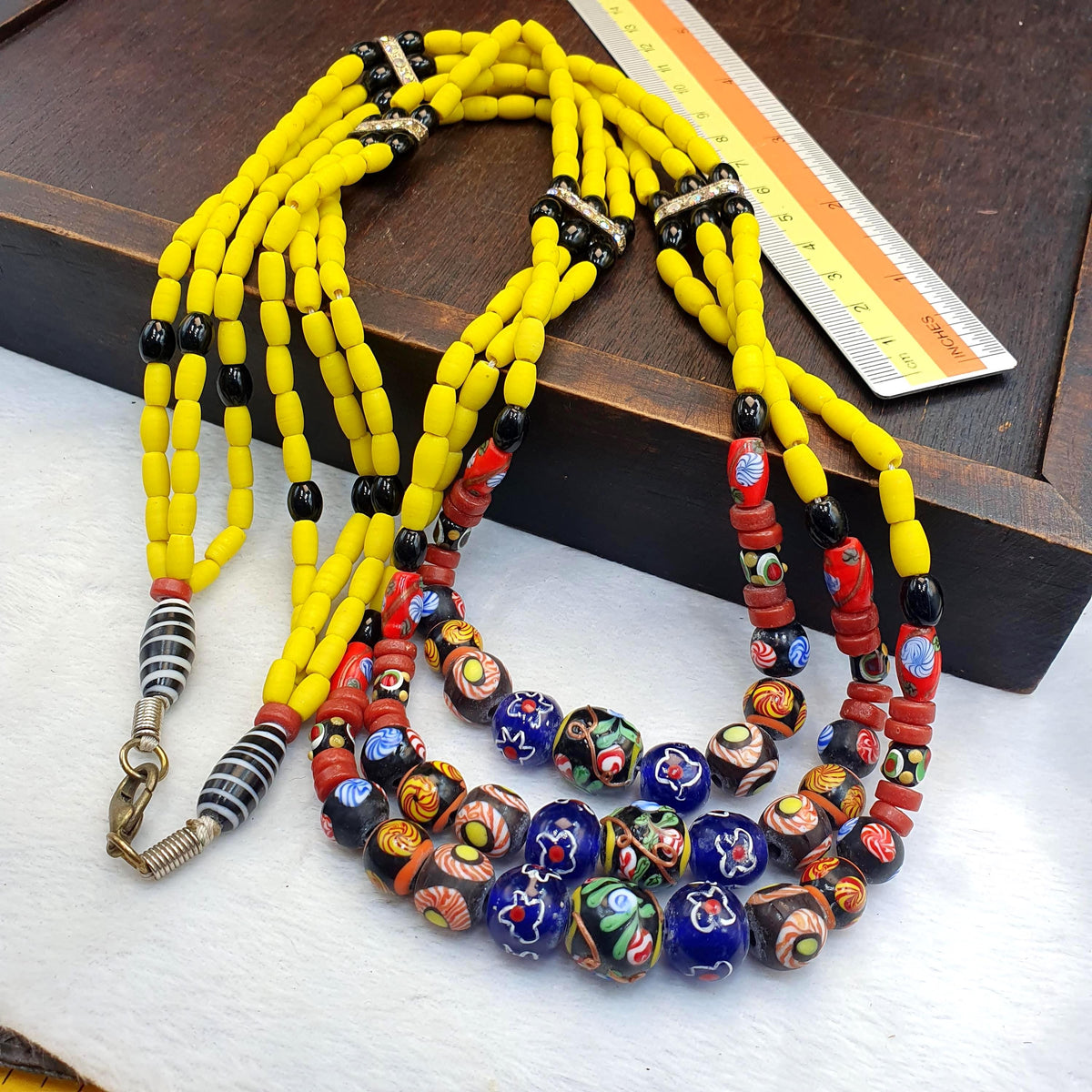 3 Strand Yellow & Blue Millefiori Art Glass Necklace • Vintage Venetian Style Mosaic Bead Boho Jewelry .