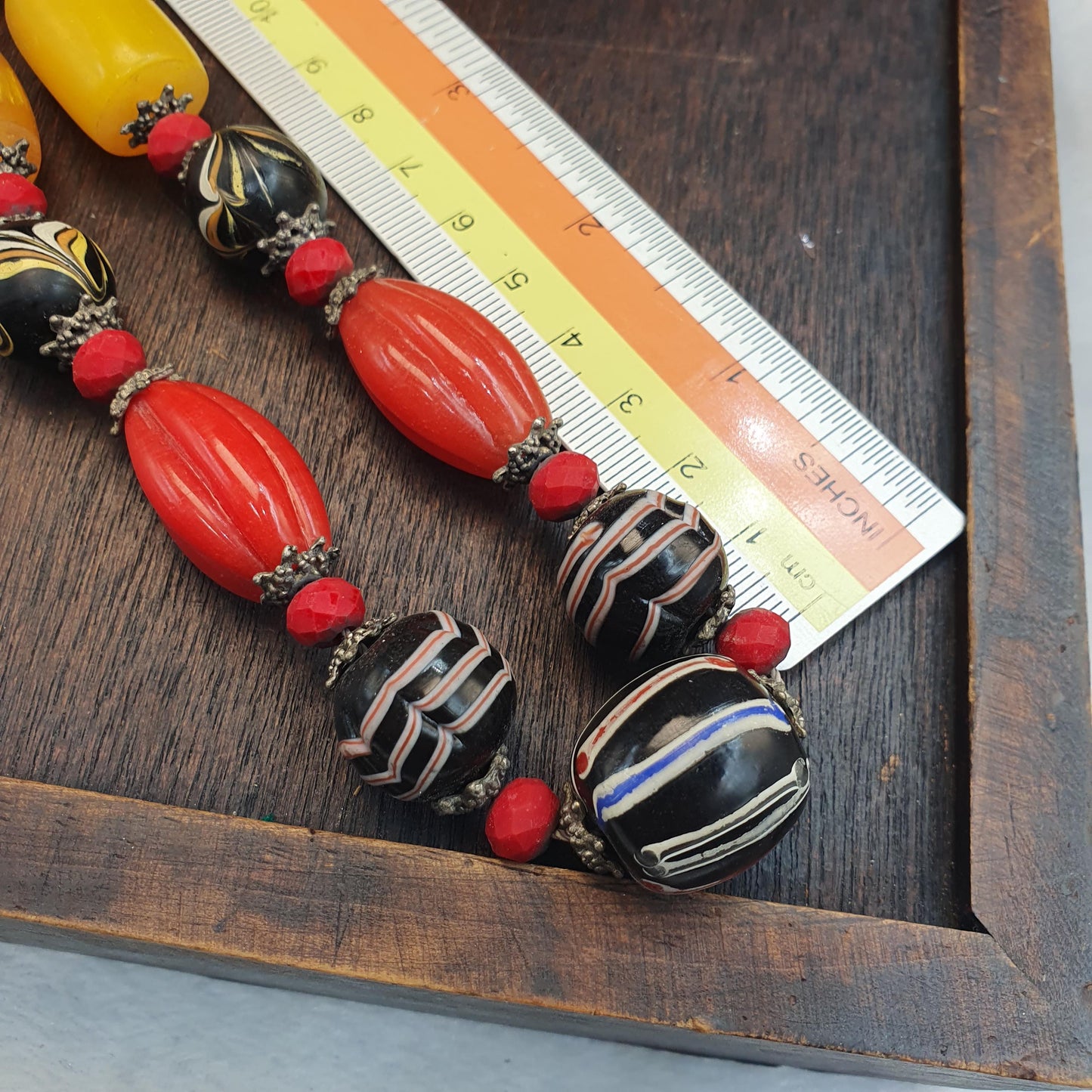 Venetian Style Beads Strand Layered Star Mold Glass Beads • Red White Rossetta Beads Collector Estate Jewelry