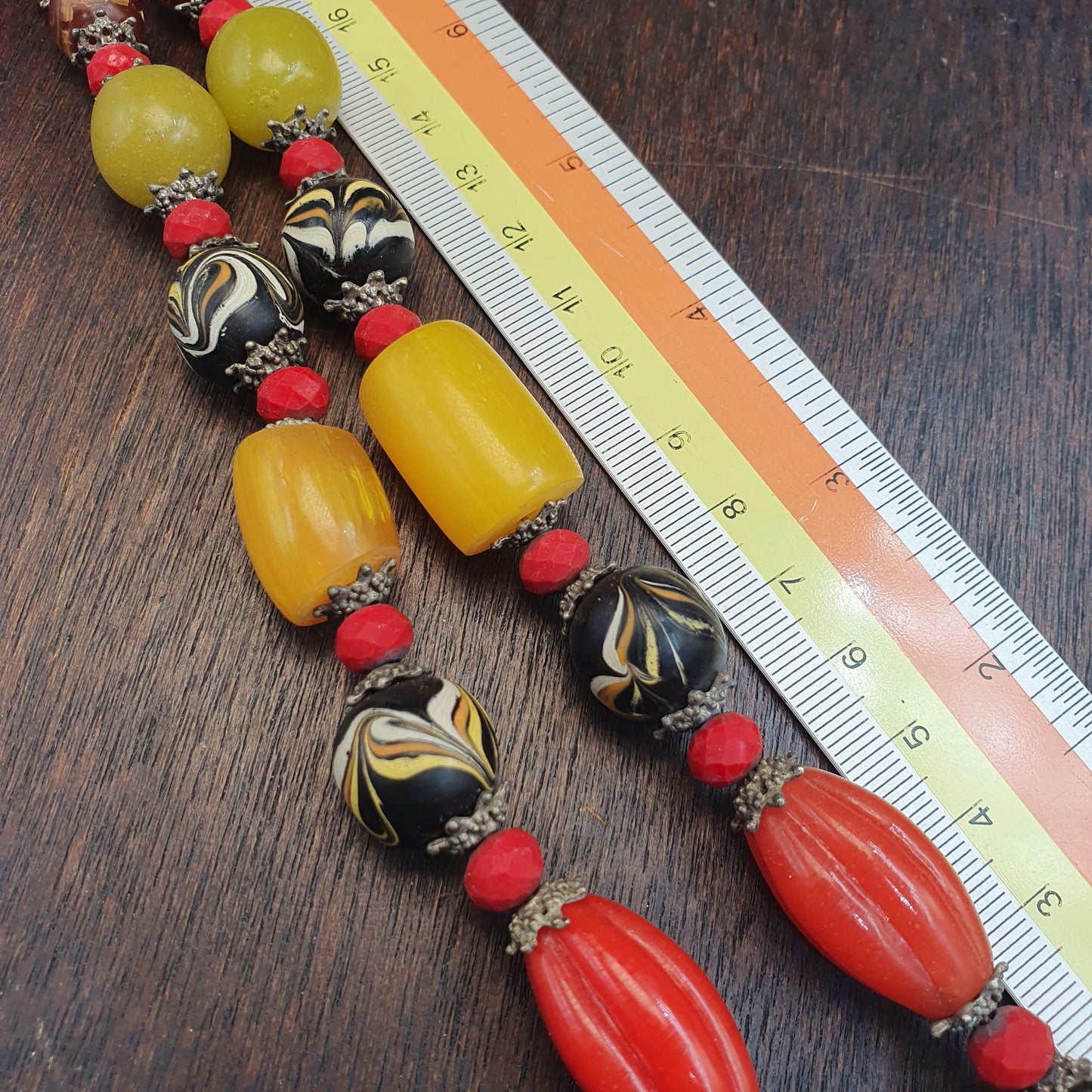 Venetian Style Beads Strand Layered Star Mold Glass Beads • Red White Rossetta Beads Collector Estate Jewelry