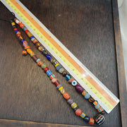 Venetian Style Chevron Bead Necklace, Multi Color Murano Style Glass Beads, Mixed Gemstone and Stone Bead Choker, Tribal Mask Pendant