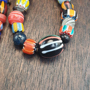 Venetian Style Chevron Bead Necklace, Multi Color Murano Style Glass Beads, Mixed Gemstone and Stone Bead Choker, Tribal Mask Pendant