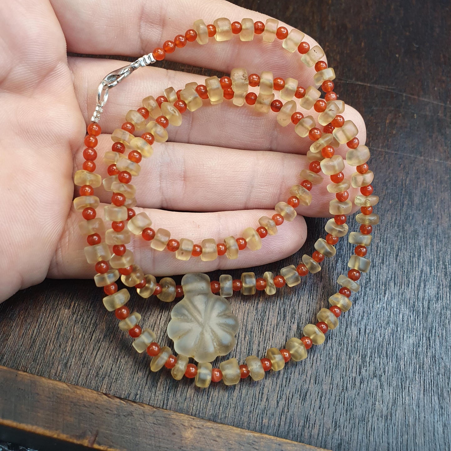 Himalayan Tibetan Quartz Necklace Carved Pendant with Carnelian Spacer Beads, Frosted Clear Quartz Spiritual Jewelry, Sacred Protection Gift