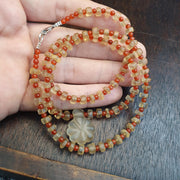 Himalayan Tibetan Quartz Necklace Carved Pendant with Carnelian Spacer Beads, Frosted Clear Quartz Spiritual Jewelry, Sacred Protection .