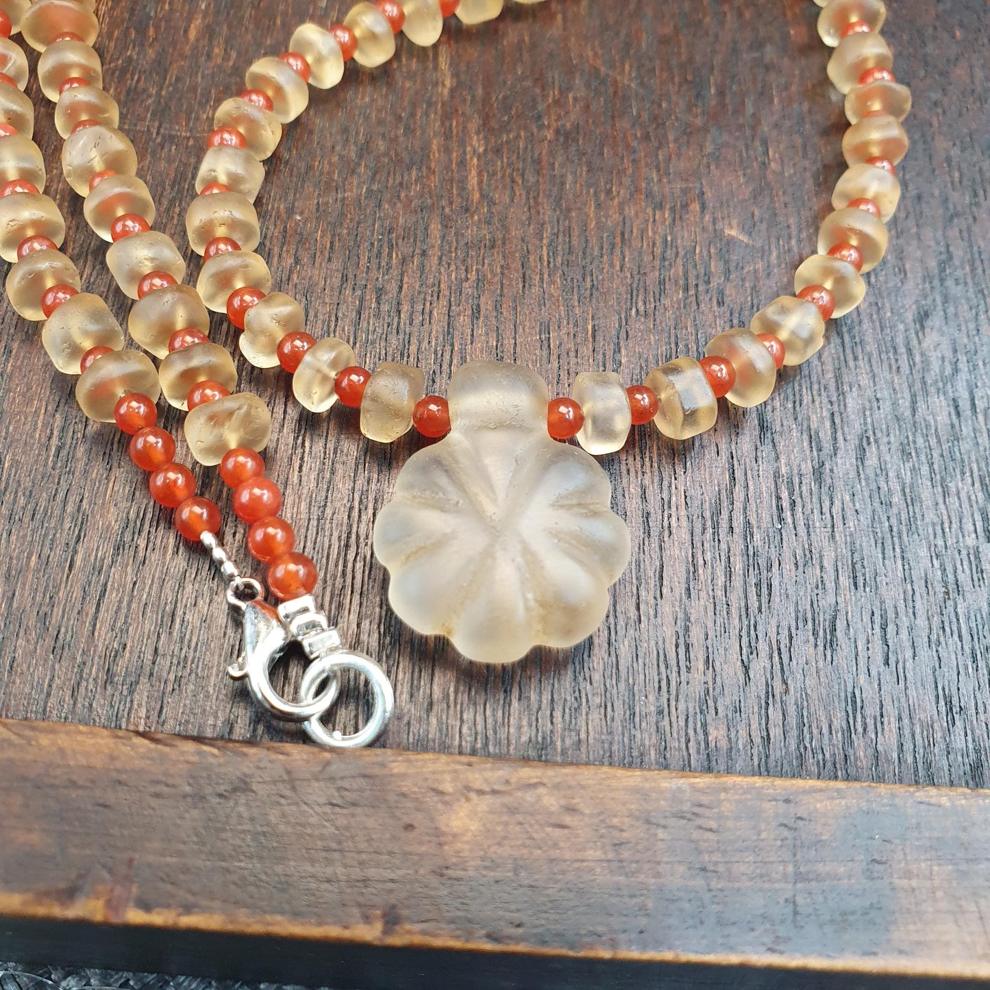 Himalayan Tibetan Quartz Necklace Carved Pendant with Carnelian Spacer Beads, Frosted Clear Quartz Spiritual Jewelry, Sacred Protection Gift