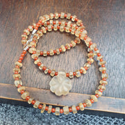 Himalayan Tibetan Quartz Necklace Carved Pendant with Carnelian Spacer Beads, Frosted Clear Quartz Spiritual Jewelry, Sacred Protection .