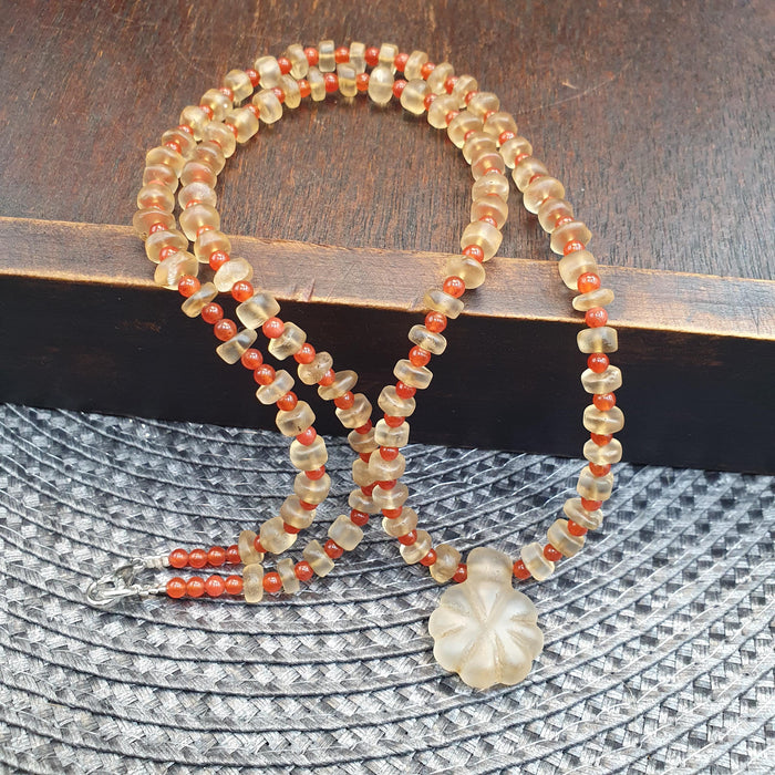 Himalayan Tibetan Quartz Necklace Carved Pendant with Carnelian Spacer Beads, Frosted Clear Quartz Spiritual Jewelry, Sacred Protection Gift