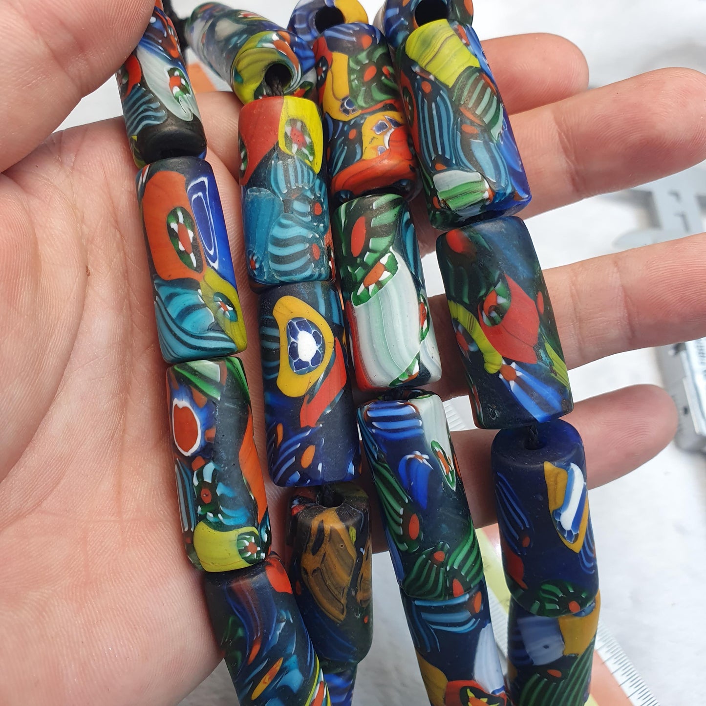 Venetian Style Millefiori Glass Cylinder Beads Strand - Multicolor Mosaic Tube Beads