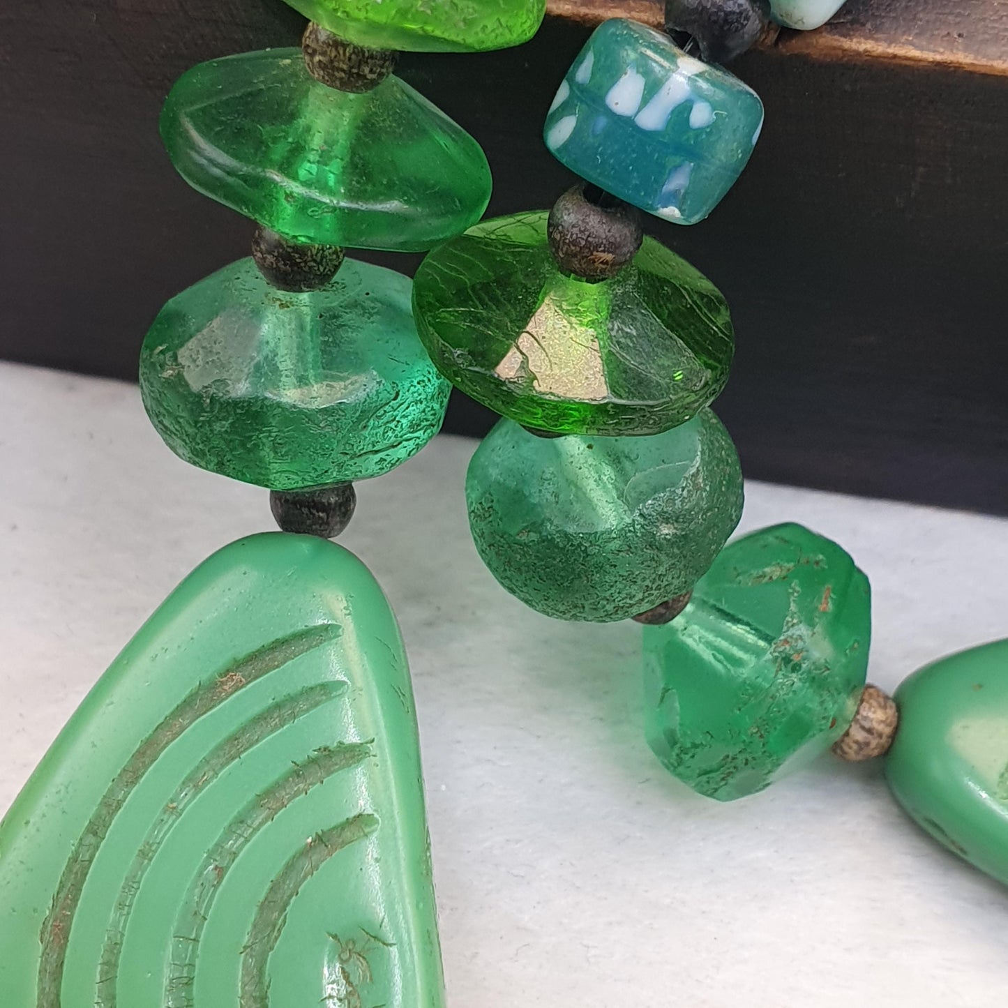 Rare Antique African Trade Bead Necklace Green Carved Glass Statement Necklace | Handcrafted Ethnic Tribal Jewelry Collectibles