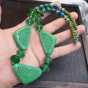 Rare Antique African Trade Bead Necklace Green Carved Glass Statement Necklace | Handcrafted Ethnic Tribal Jewelry Collectibles