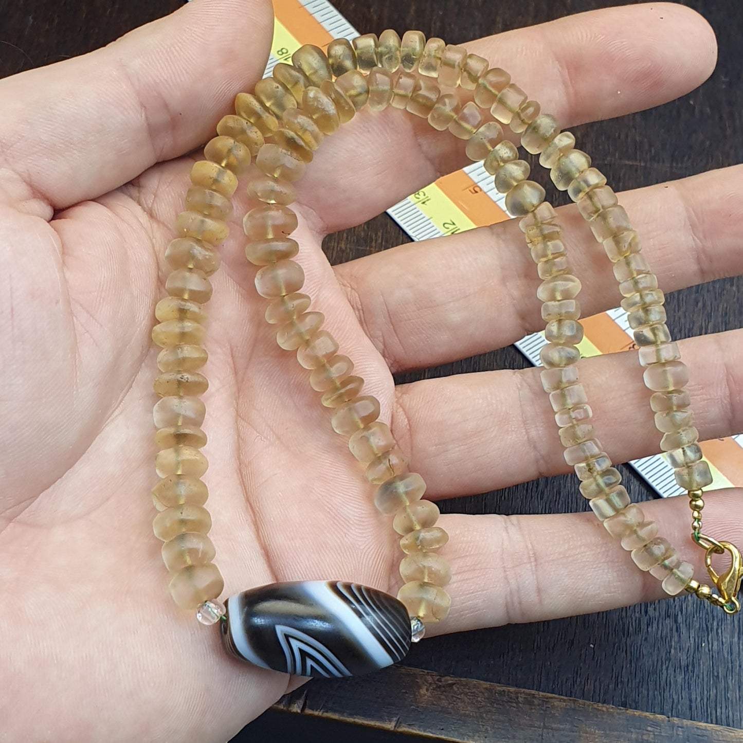 Himalayan Quartz Necklace with Striped Banded Agate Bead, Tibetan Amulet, Frosted Quartz Beaded  Spiritual Jewelry, Sacred Protection Gift