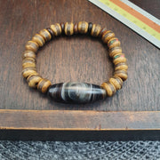 Himalayan Banded Agate Bracelet, Carved Tibetan yak Bone Beads bracelet
