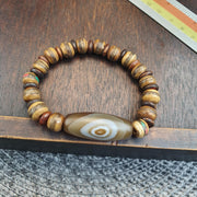 Himalayan Banded Eye Agate Bracelet, Carved Tibetan yak Bone Beads bracelet