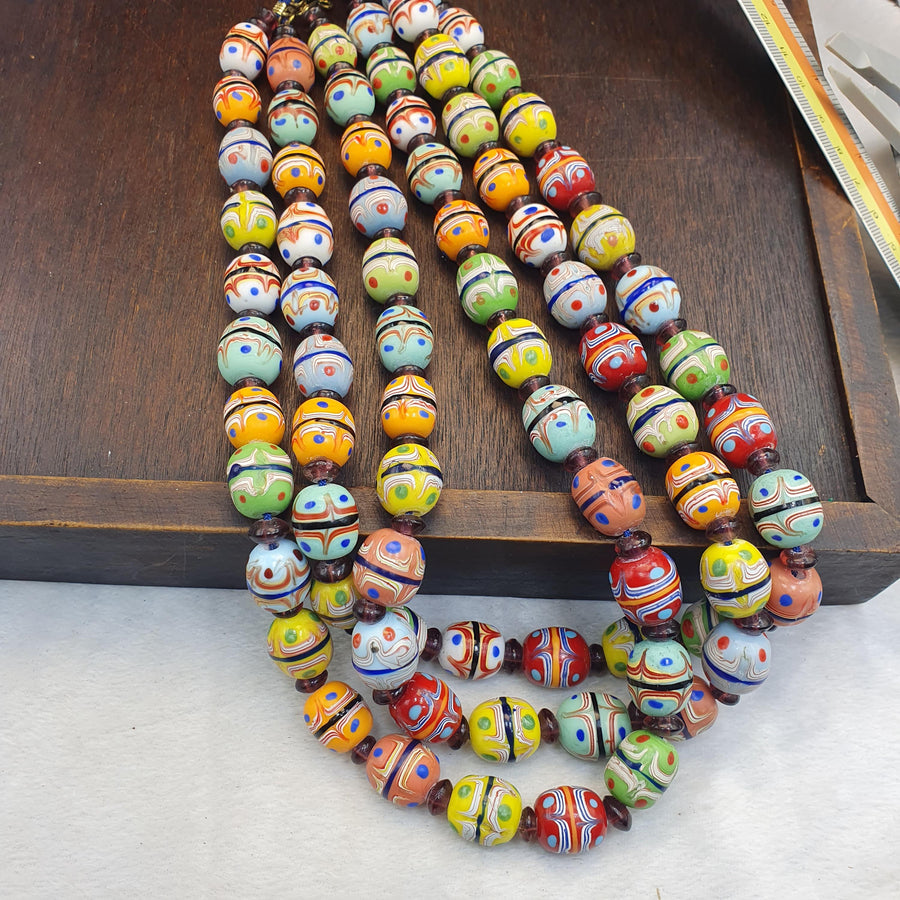 Fancy Beads Necklace, Venetian Style | Hand Painted Multicolor Glass, Eye And Stripe - Brass Hook Clasp, 14-16mm