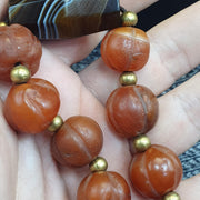 Antique Carved Melon Agate Bead Bracelet, Hand Carved Fluted Carnelian, Antique Silk Road Trade Beads, Rare Archeological Focal .