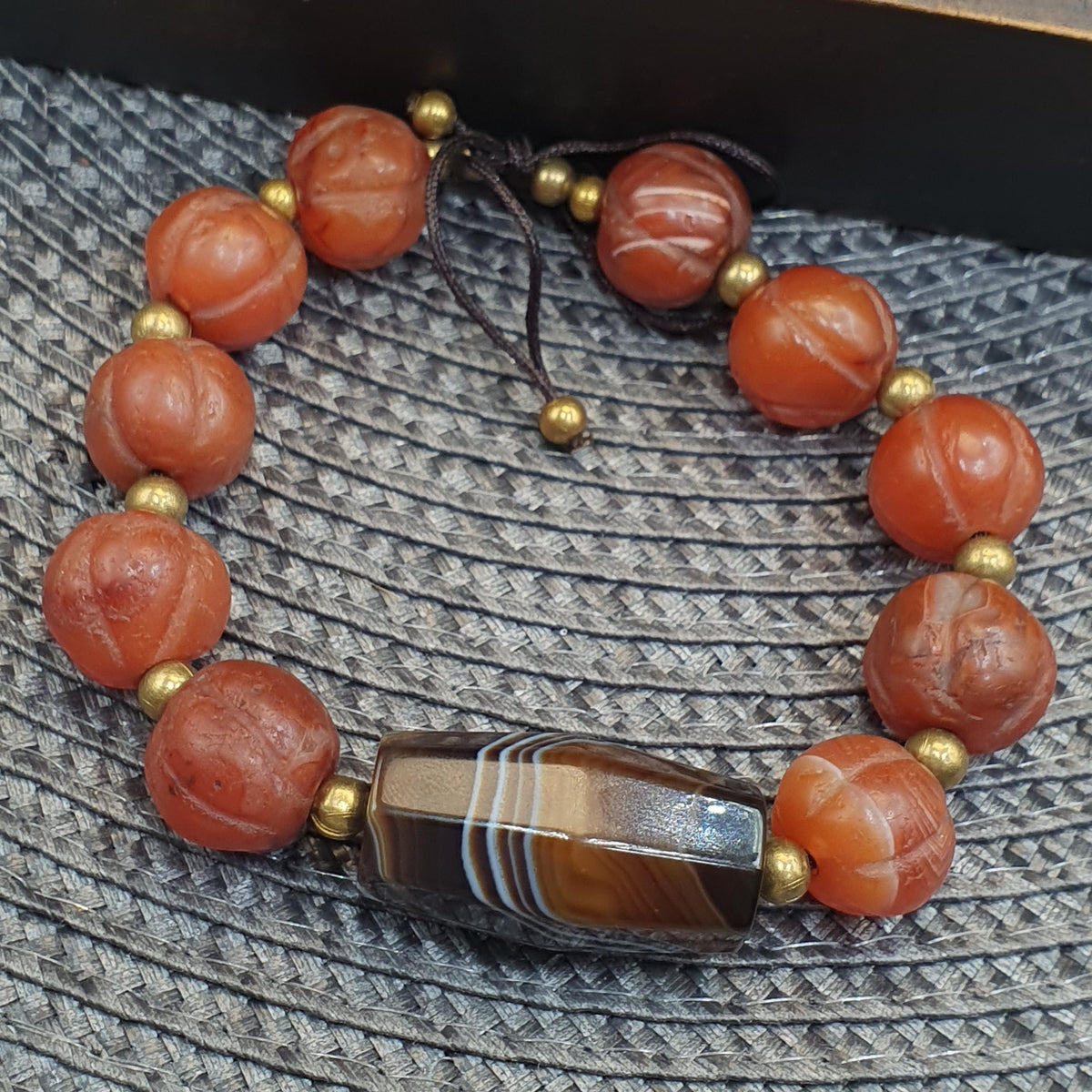 Antique Carved Melon Agate Bead Bracelet, Hand Carved Fluted Carnelian, Antique Silk Road Trade Beads, Rare Archeological Focal Gift